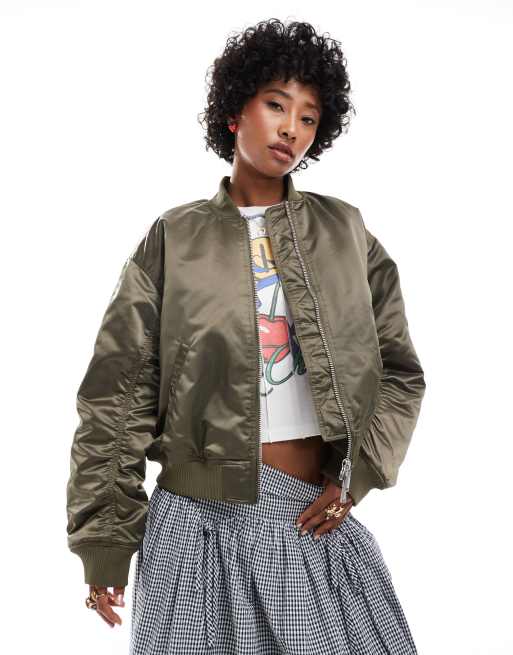 Monki satin bomber jacket with front welt pockets in khaki green with pink lining ASOS