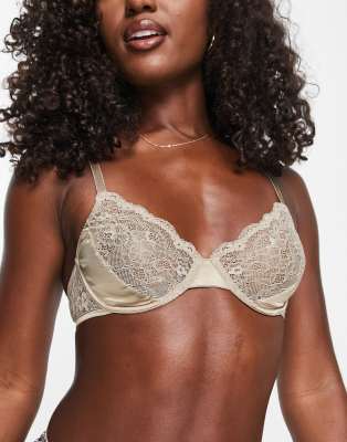 Monki satin bra with lace inserts in dusty brown