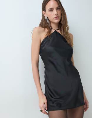 Monki satin halter mini dress in black | ASOS