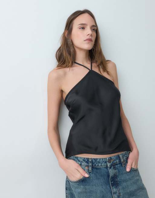 Monki satin halter top in black, 3 of 4