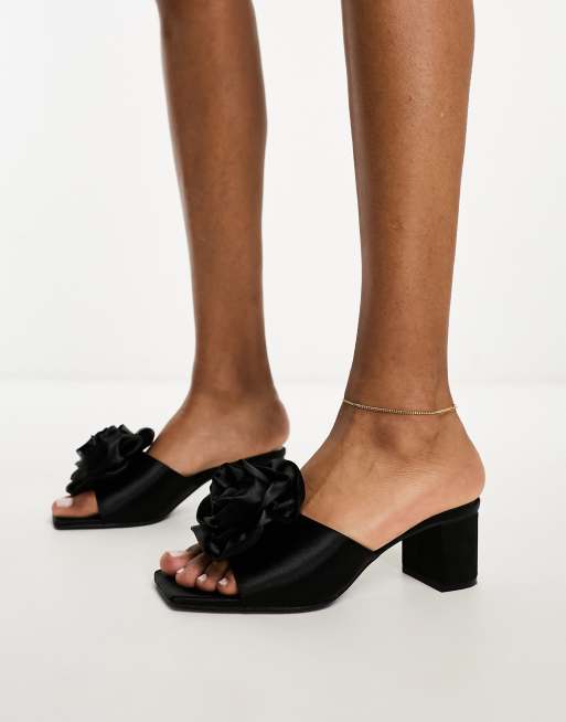 Monki satin heeled mule sandals with flower in black | ASOS