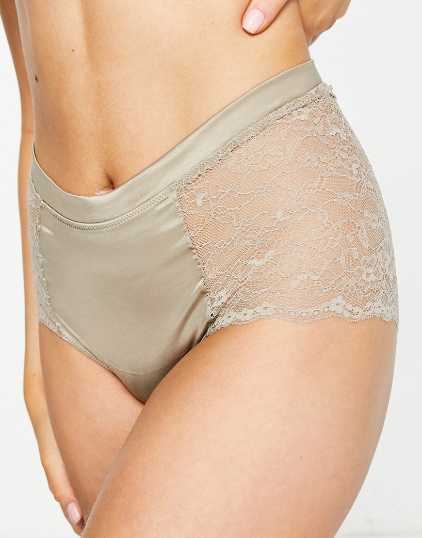 Monki satin high waisted brief with lace inserts in dusky brown - part of a set
