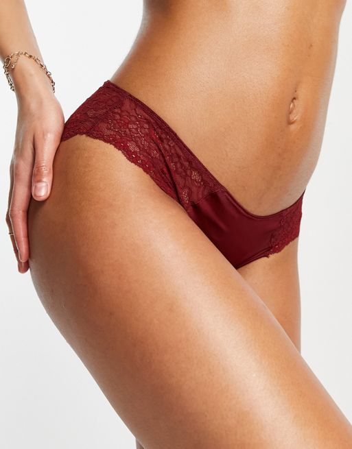 Monki satin triangle bra with lace in burgundy