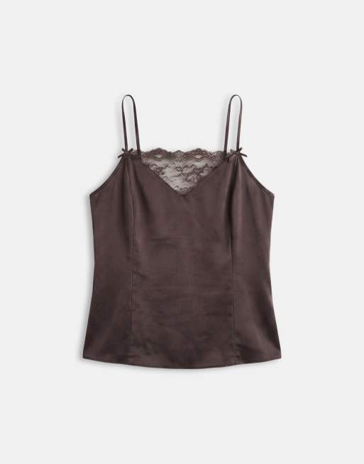 Monki satin lace cami top co-ord in chocolate brown, 5 of 7