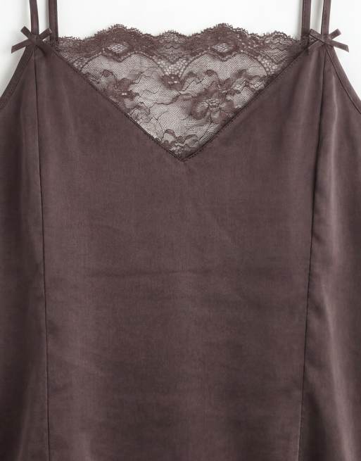 Monki satin lace cami top co-ord in chocolate brown, 8 of 8