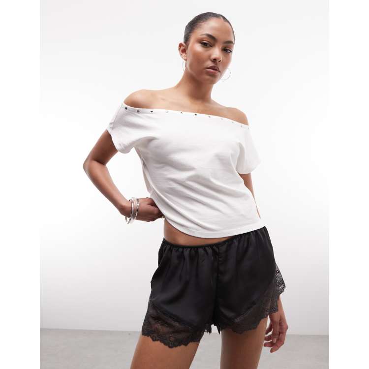 Monki satin lace shorts in black | ASOS
