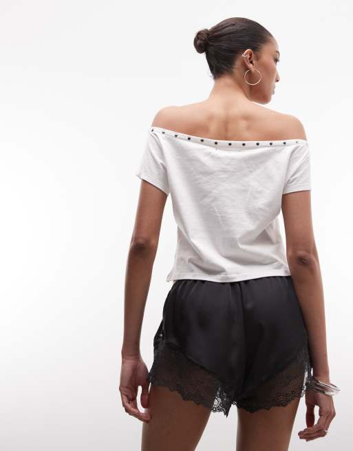 Monki satin lace shorts in black, 5 of 5