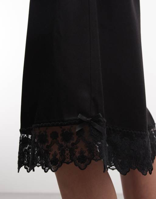 Monki satin longline shorts with lace hem in black, 3 of 5