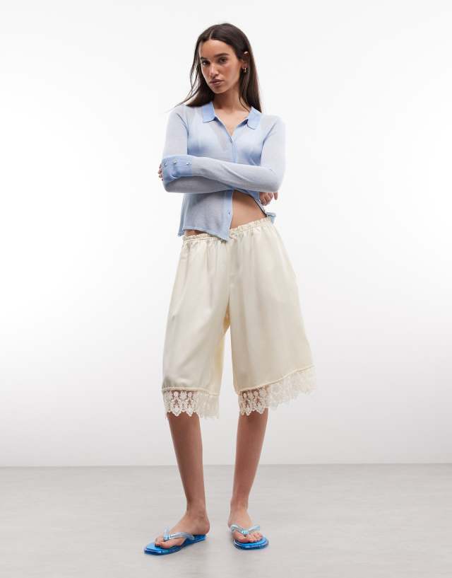 Monki satin longline shorts with lace hem in off-white | ASOS