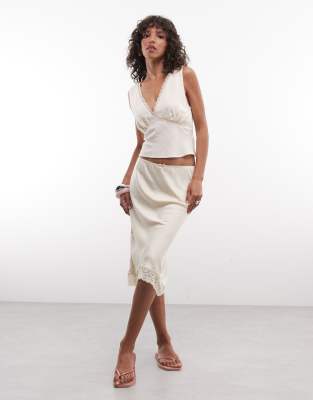 Monki Satin Look Lace Midi Skirt In Neutral
