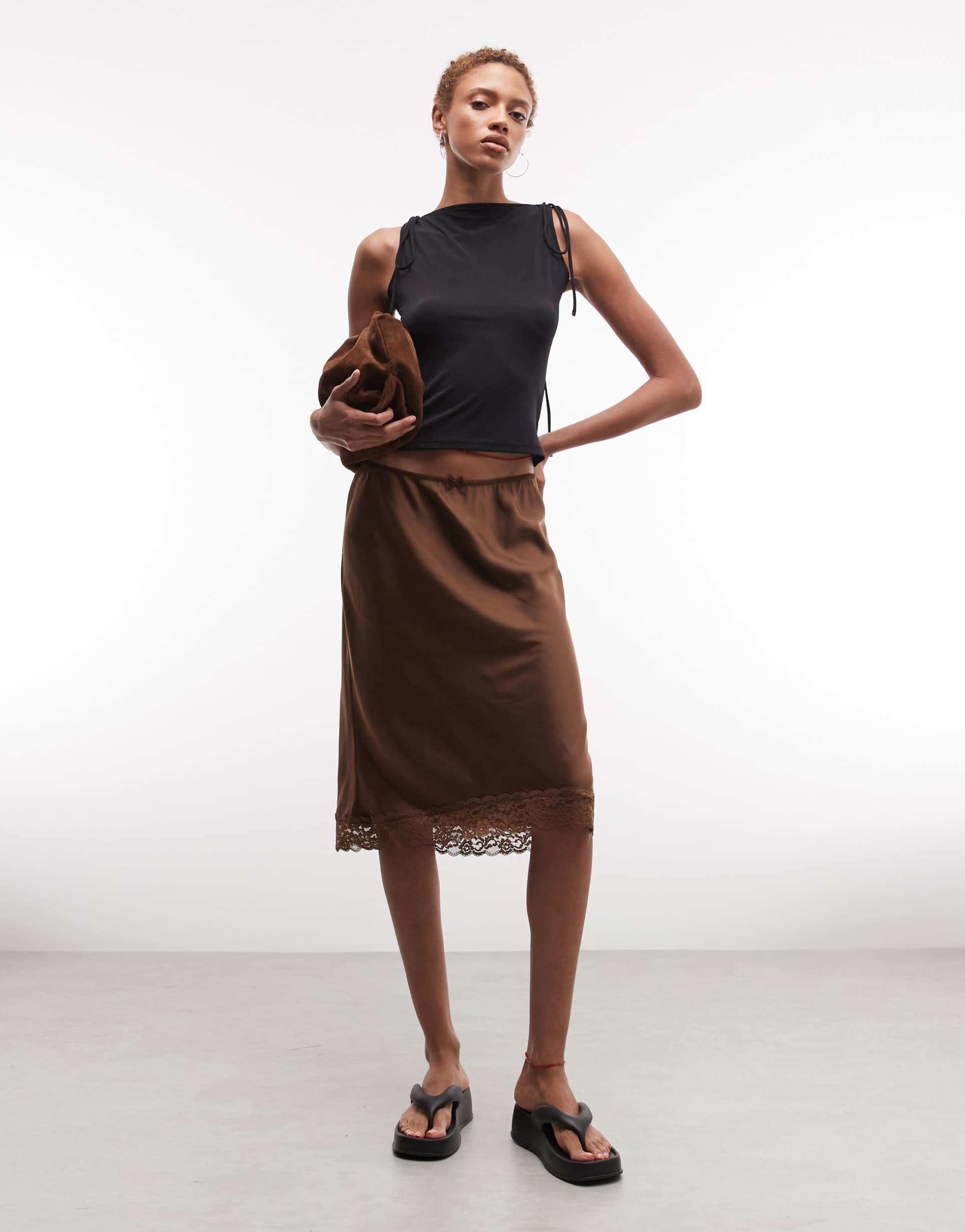 monki satin look lace midi skirt in brown