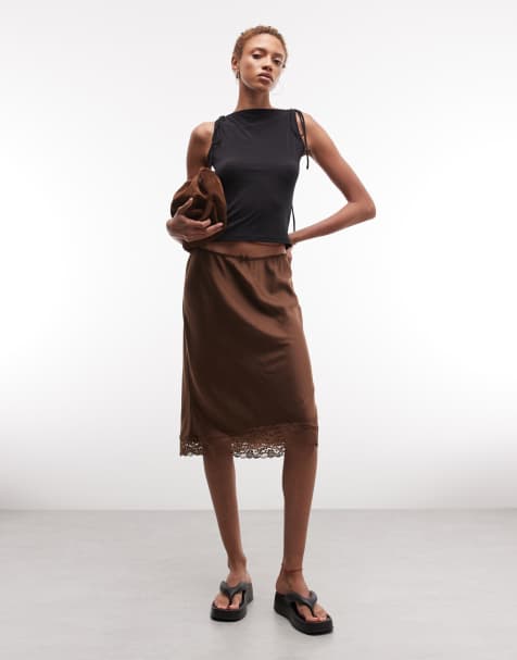 Monki satin look lace midi skirt in brown