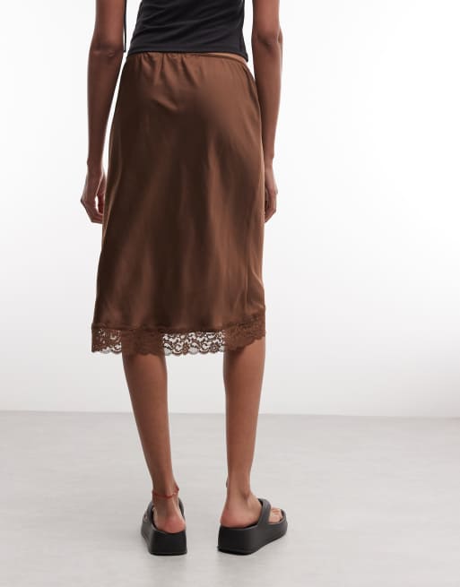 Monki satin look lace midi skirt in brown, 5 of 5