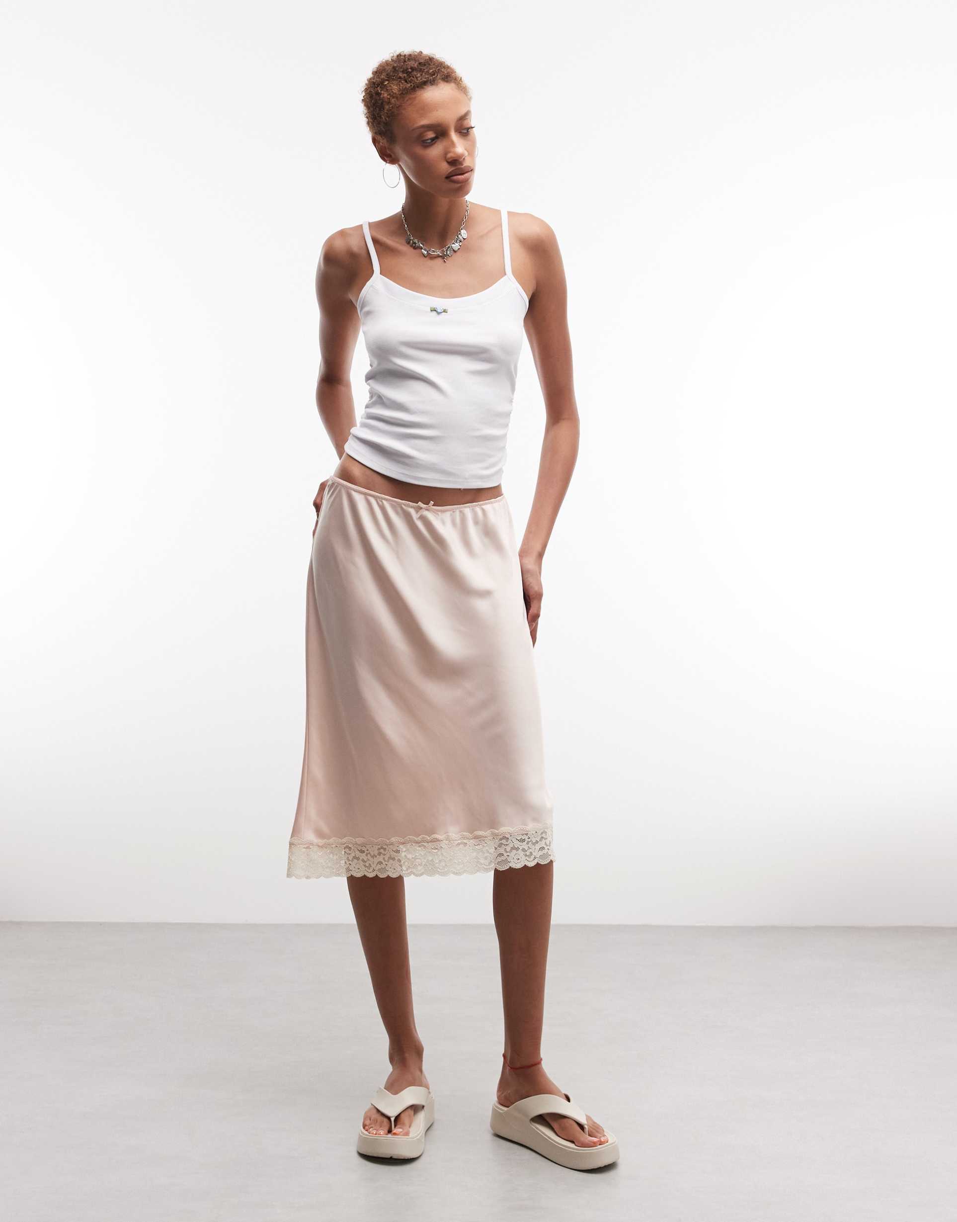 monki satin look lace midi skirt in dusty pink