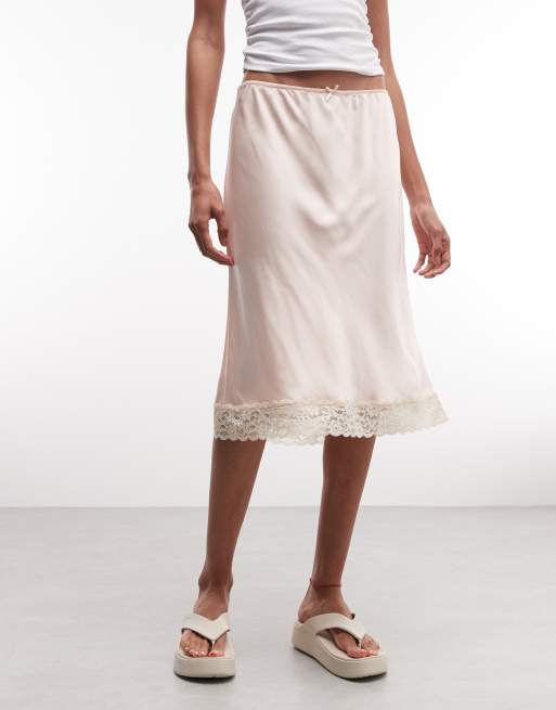 Monki satin look lace midi skirt in dusty pink, 5 of 5