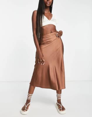 satin maxi skirt in brown