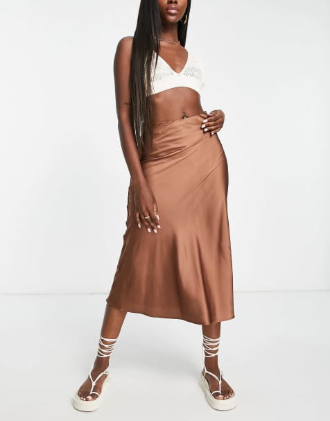 Monki satin maxi skirt in brown