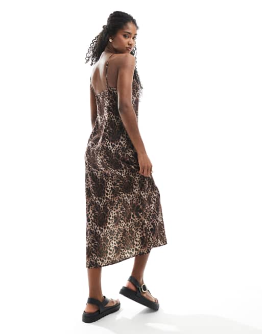 leopard print midi slip dress Leopard Print Lace Trim Satin Midi Slip Dress