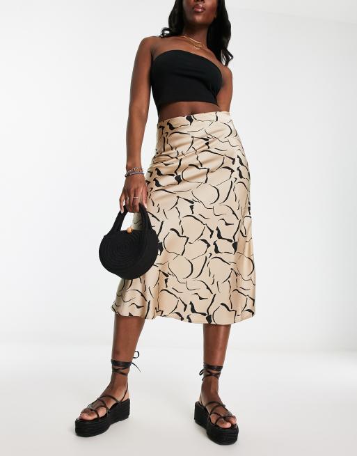 Monki satin midi skirt in beige