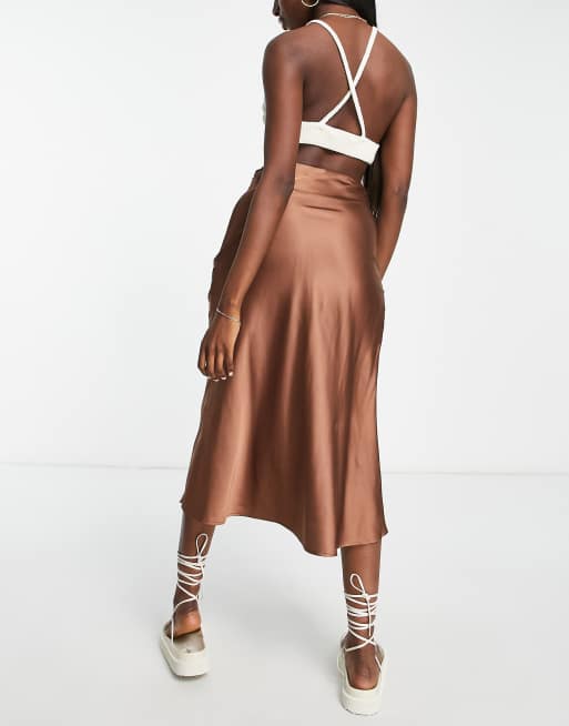 Monki satin midi skirt in plum, 2 of 4