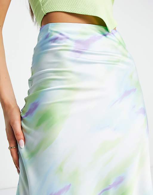 Monki satin midi slip skirt in blue and green tie dye | ASOS Monki satin midi slip skirt in blue and green tie dye | ASOS
