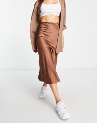 Monki satin midi slip skirt in brown