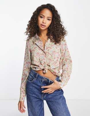 Monki Satin Shirt In Pink Floral-blue