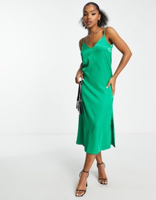 Monki satin slip midi dress with split in green