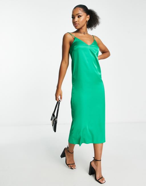 Monki satin slip midi dress with split in green