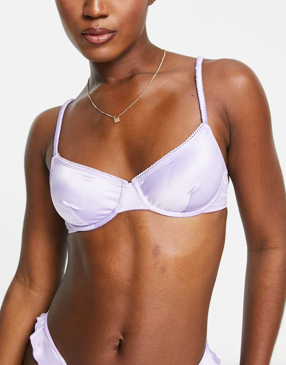 Monki satin soft bra with frill edge in lilac