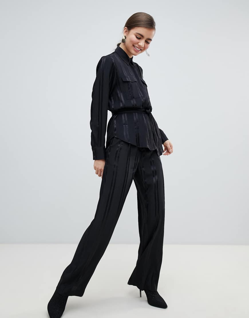 Monki satin stripe wide leg pants in black | ASOS
