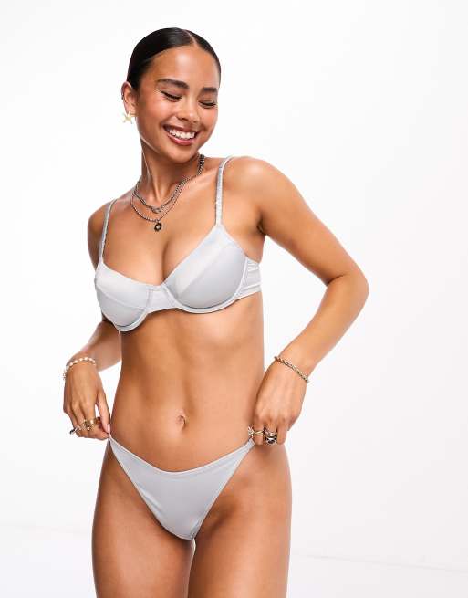 Monki satin thong in silver ASOS