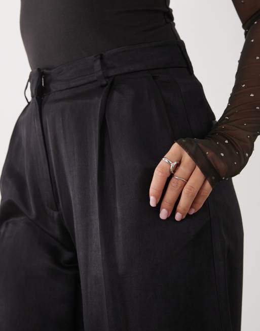 Monki satin wide leg tailored pants in black, 4 of 5