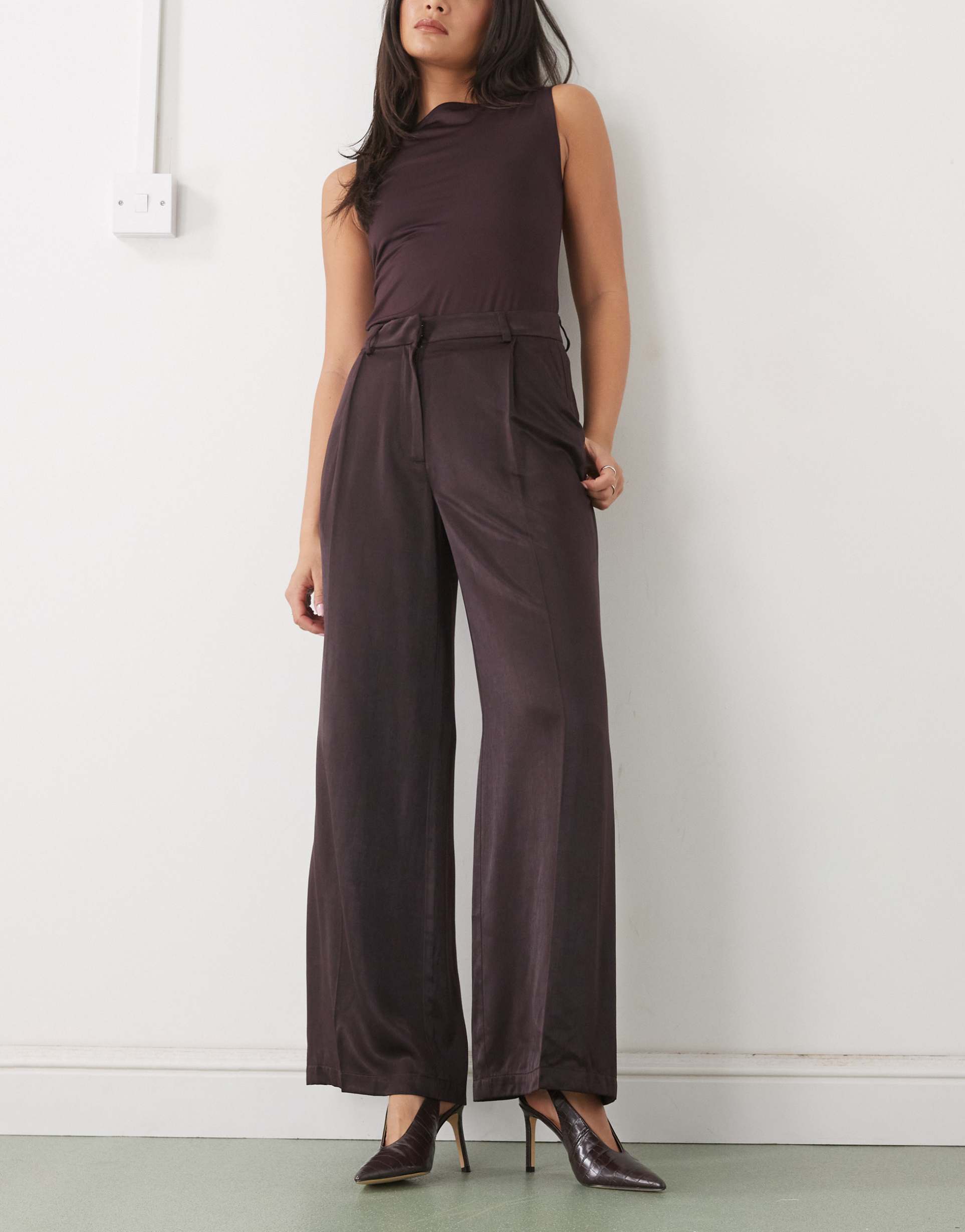 monki satin wide leg tailored pants in dark chocolate brown