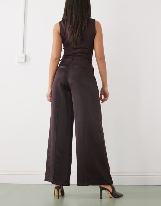 Monki satin wide leg tailored pants in dark chocolate brown, 3 of 5