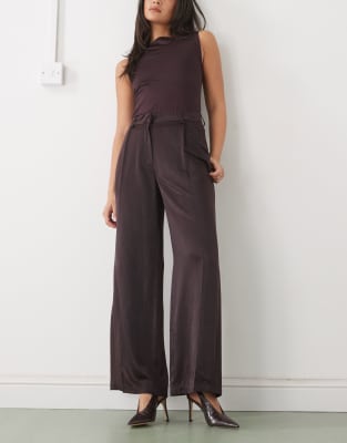 Monki Monki satin wide leg tailored trousers in dark chocolate brown