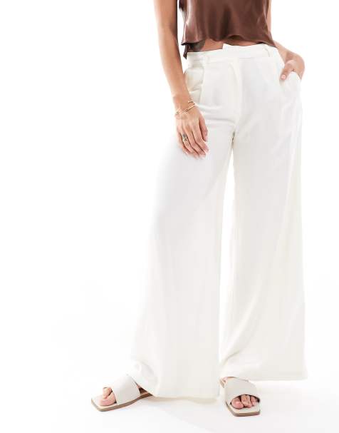 Monki satin wide leg tailored trousers in oyster white