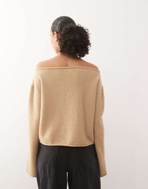 Monki – Schulterfreier Strickpullover in Beige mit lockerem Schnitt, 3 von 4