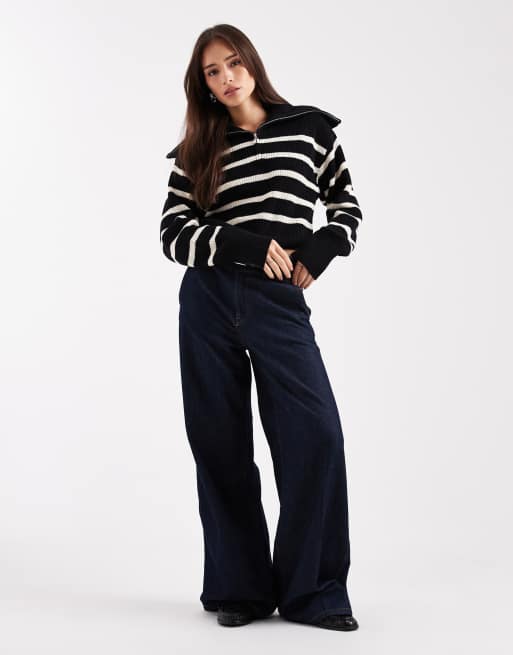 Gestreifter Pullover Weisser Strickpulli Pullover Damen Blau Weiss