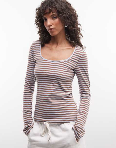 Monki scoop neck long sleeve top in blue stripe - view 1