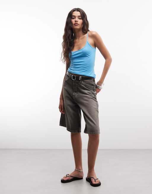 Monki scoop neck strap top in bright turquoise, 2 of 4