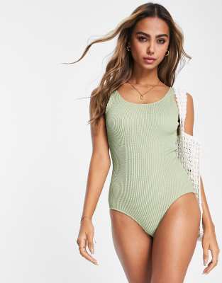 Monki scoop neck swimsuit in sage green