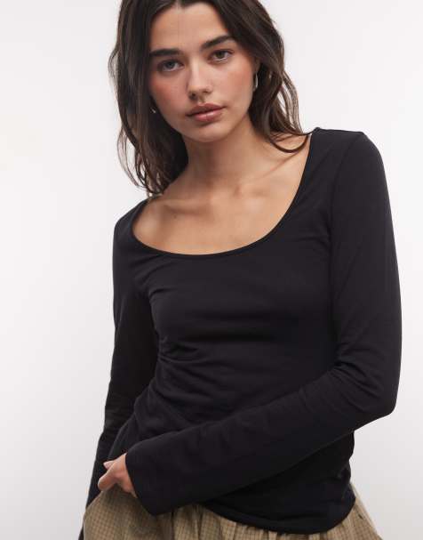 Monki scoopneck long sleeve top in black - view 1