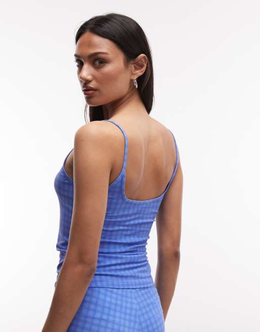 Monki scoopneck singlet in blue gingham print (part of a set), 4 of 4