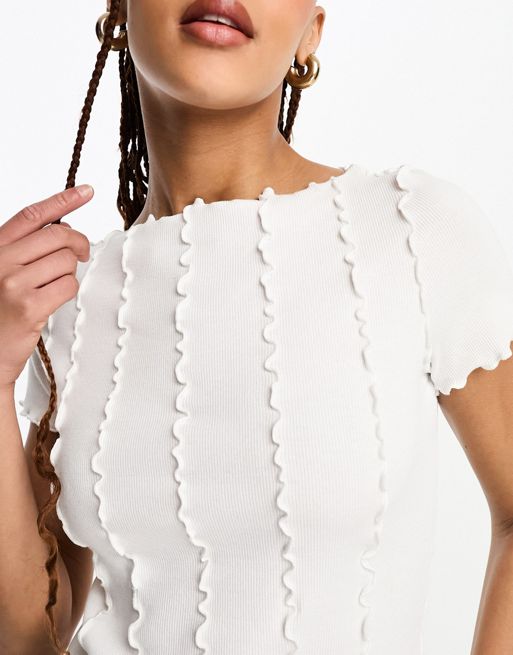 Monki long sleeve crochet top in white