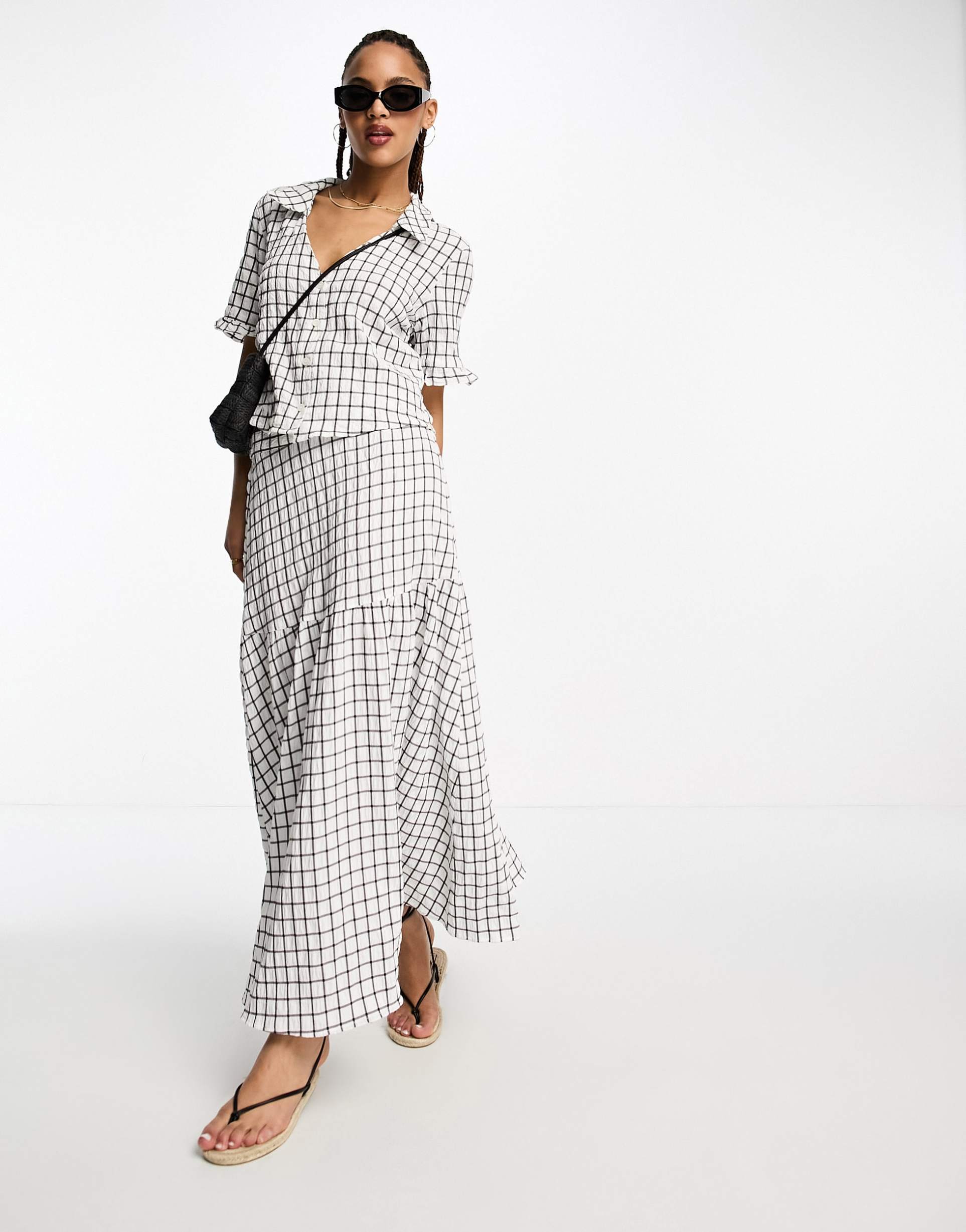 monki seersucker blouse in white and black check - part of a set