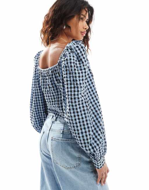Monki Seersucker blouse met lange mouwen knoopsluiting en gingham ruit in blauw en zwart