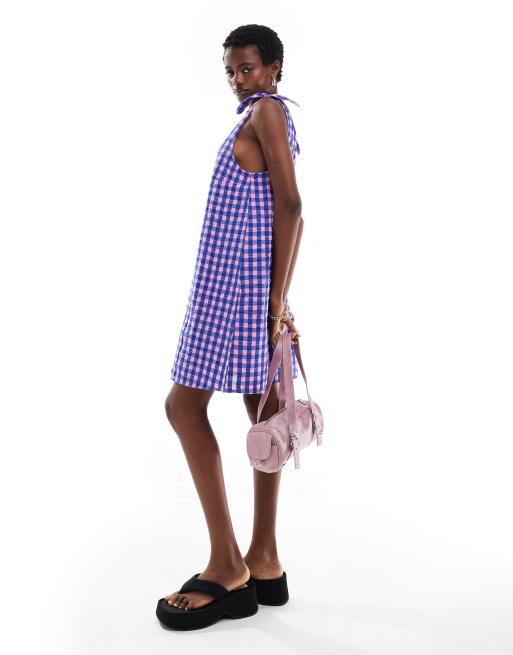 Monki seersucker bow tie strap mini dress in pink and blue gingham ASOS