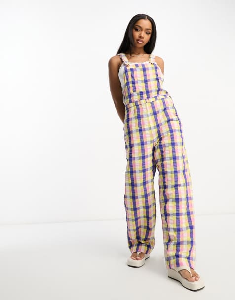 Monki seersucker dungarees in patchwork check