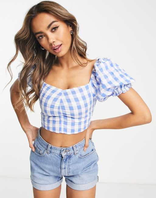 Monki seersucker puff shoulder blouse in blue gingham | ASOS